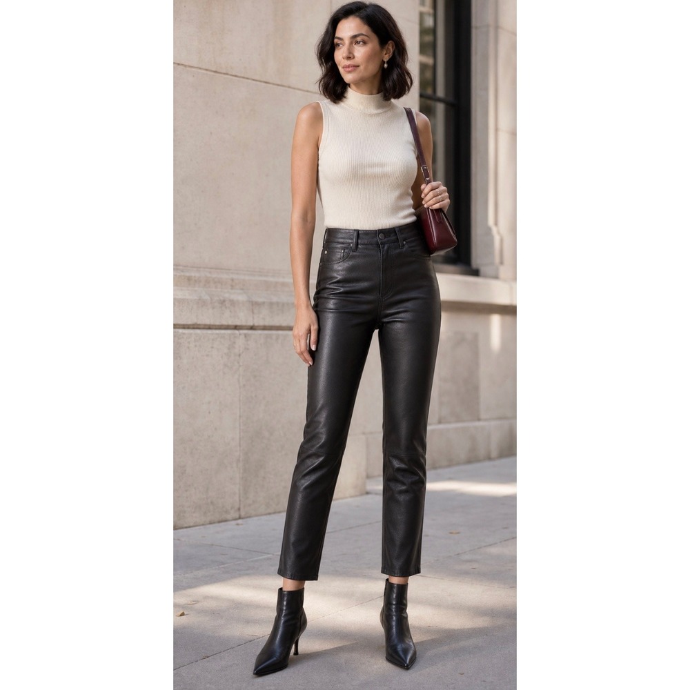 AG Adriano Goldschmied Isabelle Black Lamb Leather High Rise Crop Pants Size 23